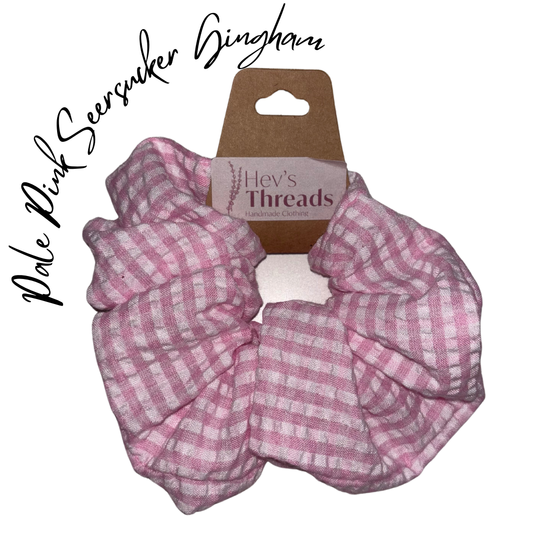 Pale pink seersucker gingham scrunchie