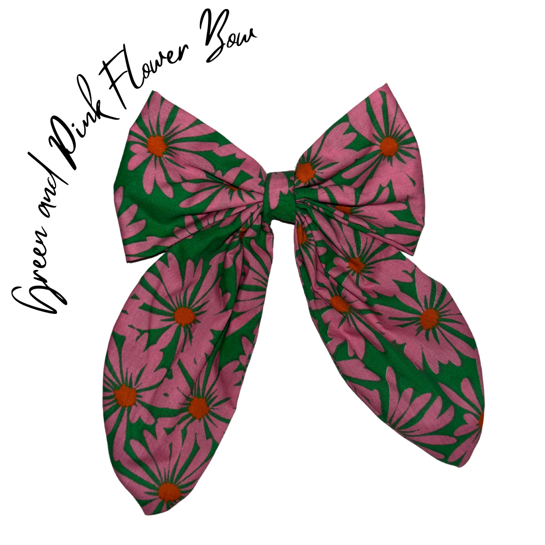 Green and Pink flower Bow Hair Clip